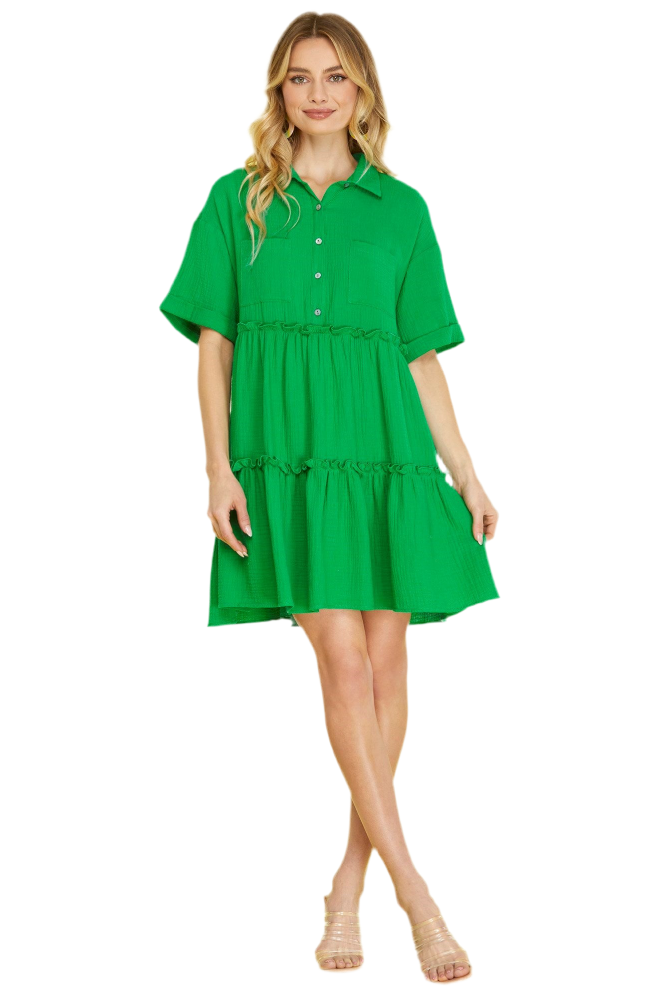 She + Sky Button Front Frill Tiered Mini Dress