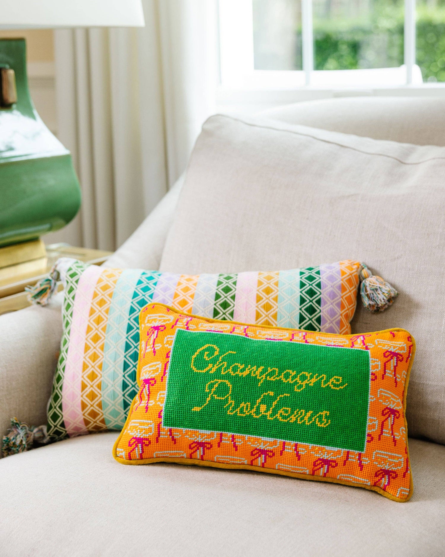 Furbish Studio - Champagne Problems Needlepoint Pillow