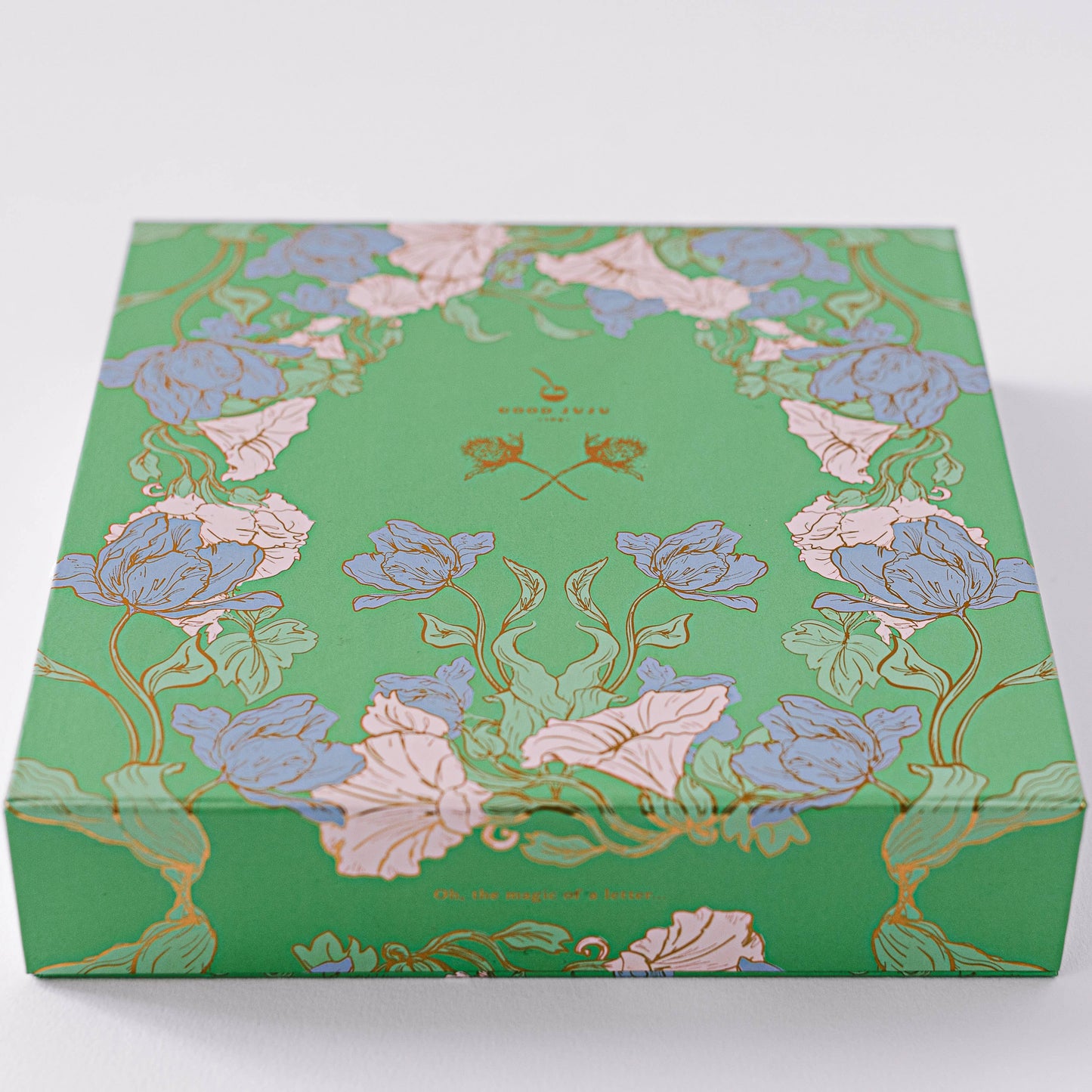 Good Juju Ink luxury stationery set keepsake box with floral design and gold details.