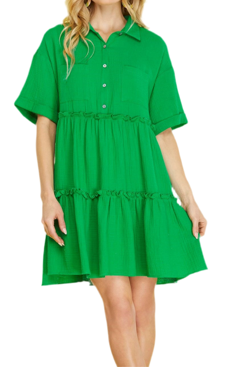 She + Sky Button Front Frill Tiered Mini Dress