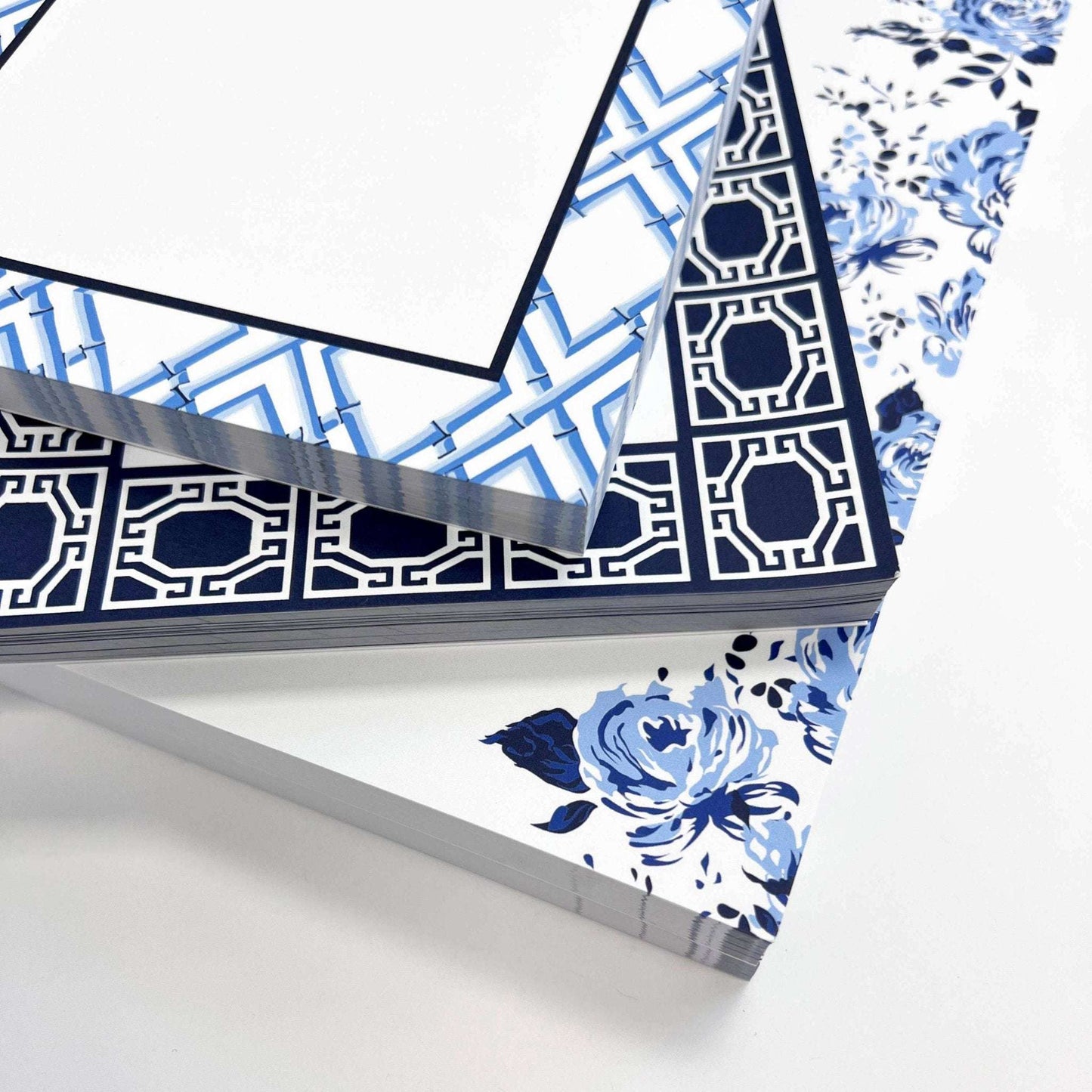 5"x7" notepad with bamboo trellis pattern in china blue on white paper.