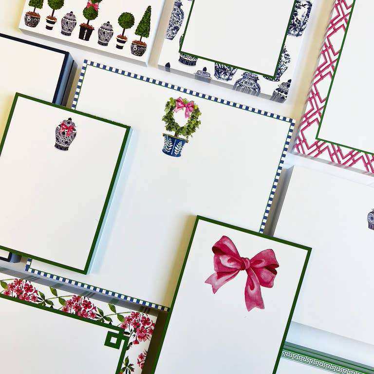 5"x7" hot pink bamboo trellis notepad with stylish design on bright white paper.