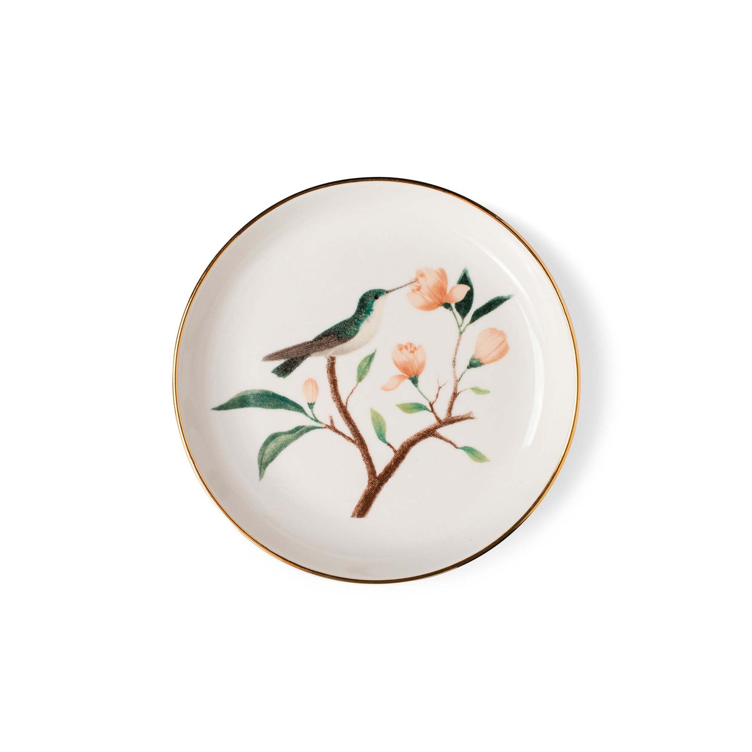 Decorative plate with a bird and floral design on a white background