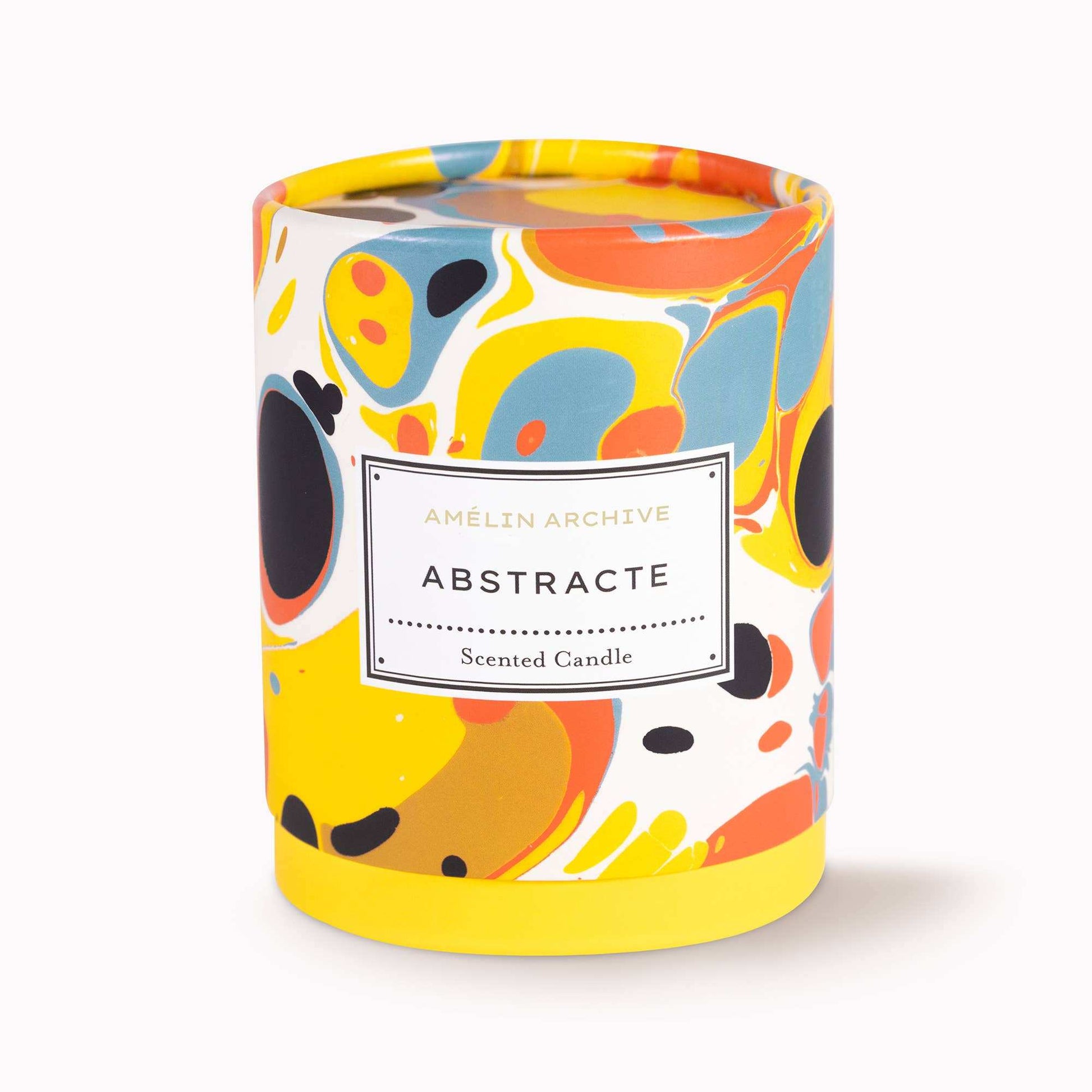 Abstracte Candle with vibrant abstract pattern packaging.