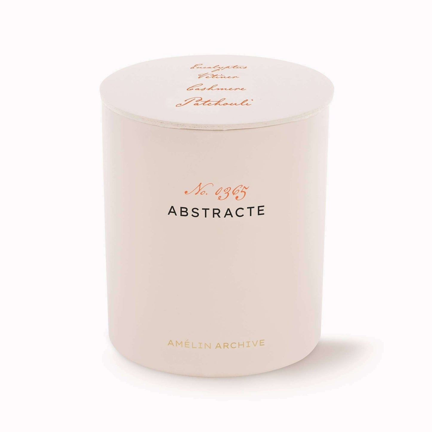 Abstracte Candle in cream glass vessel with unique eucalyptus, cashmere, vetiver, and patchouli scent.