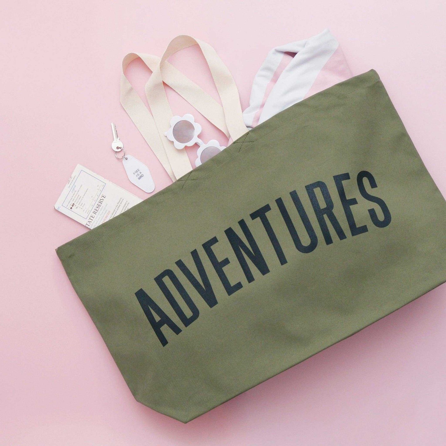 Olive green really big bag with "Adventures" print, canvas tote for travel.