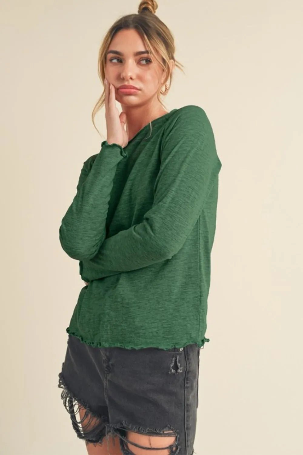 Aemi + Co Lettuce Hemline Round Neck Raglan Sleeve T-Shirt - Jennie Dots