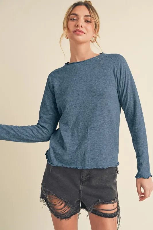Aemi + Co Lettuce Hemline Round Neck Raglan Sleeve T-Shirt - Jennie Dots