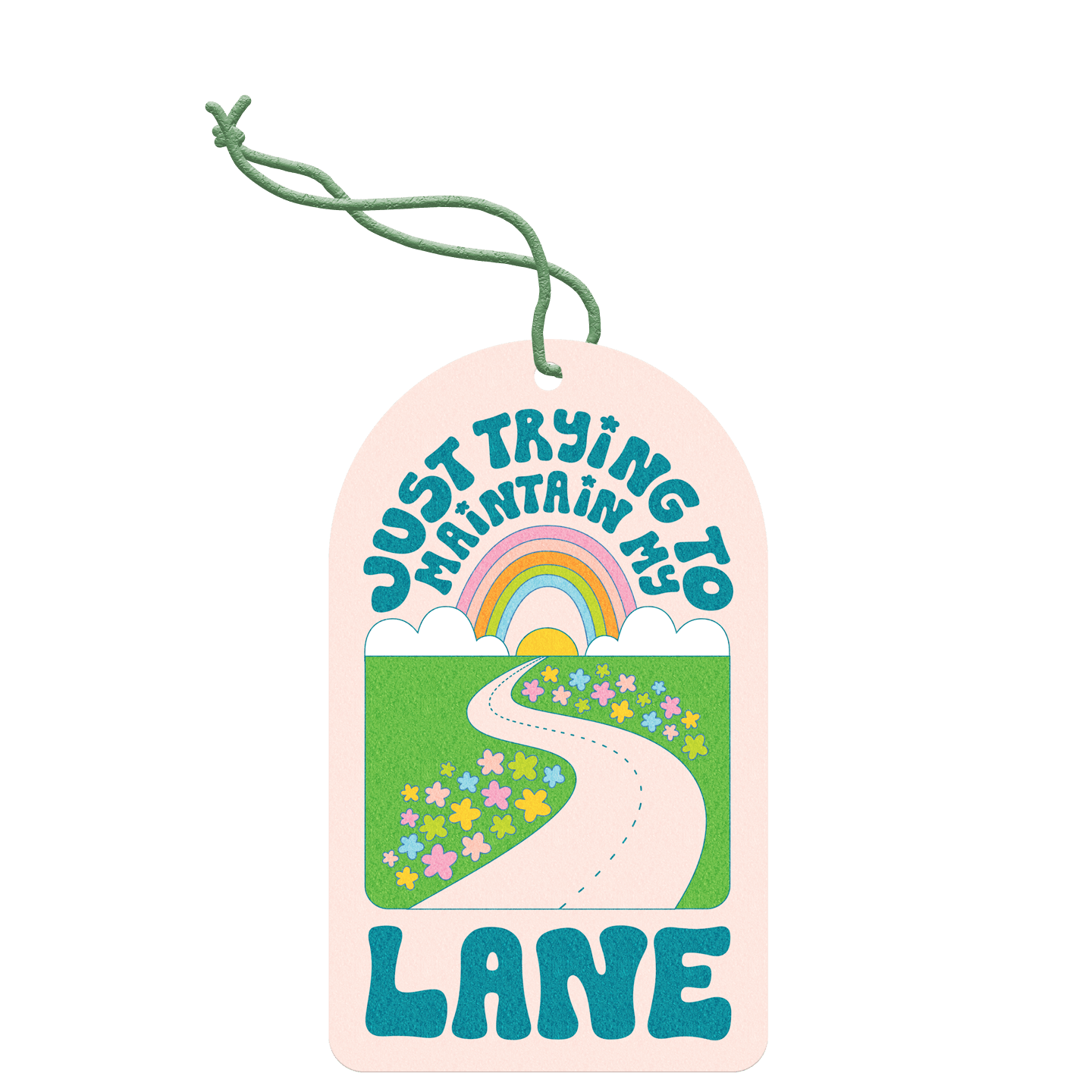 Air freshener with "Just Trying to Maintain My Lane" design, featuring a colorful rainbow and path illustration.
