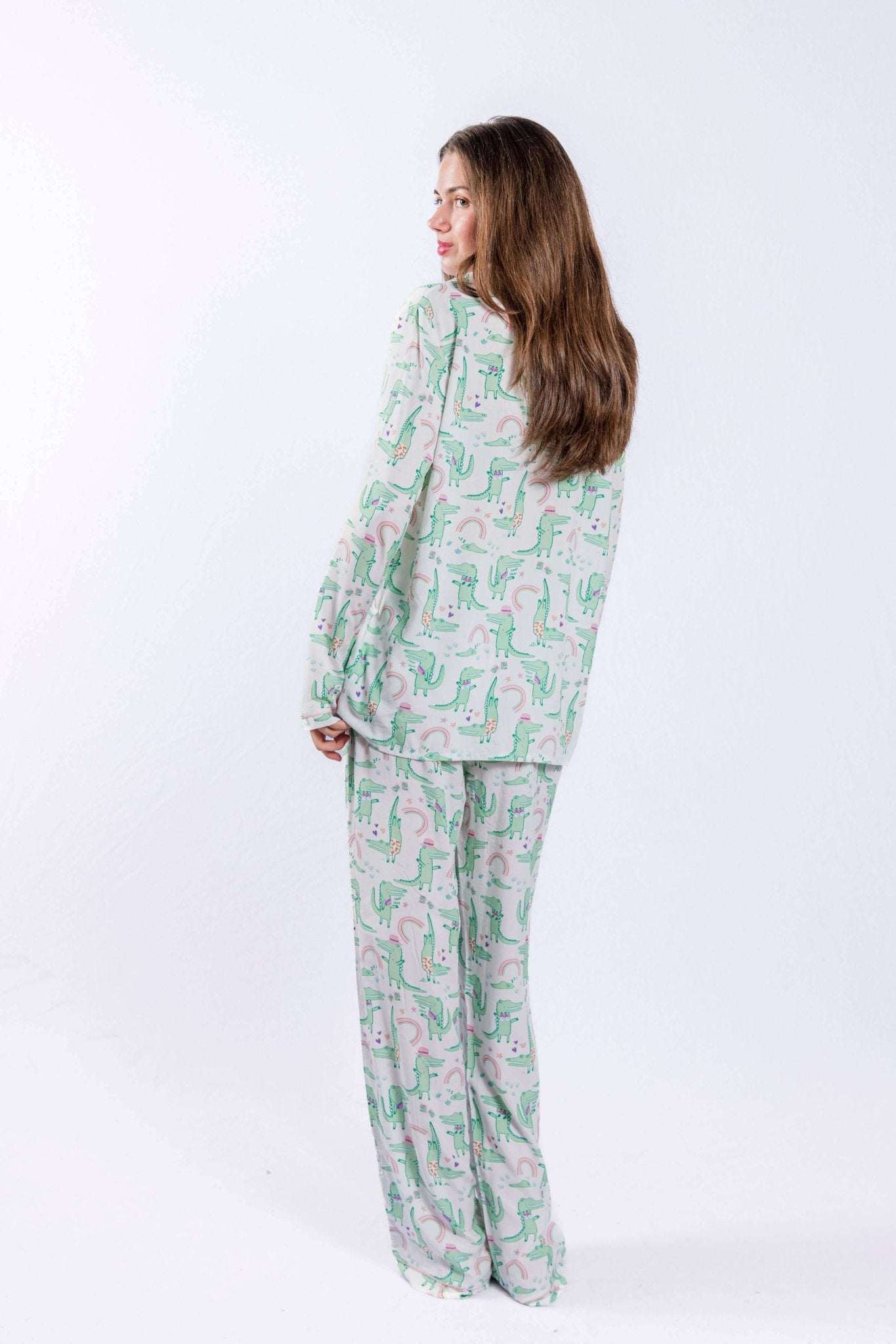 Alligator print pajama set with button-down shirt and pants.