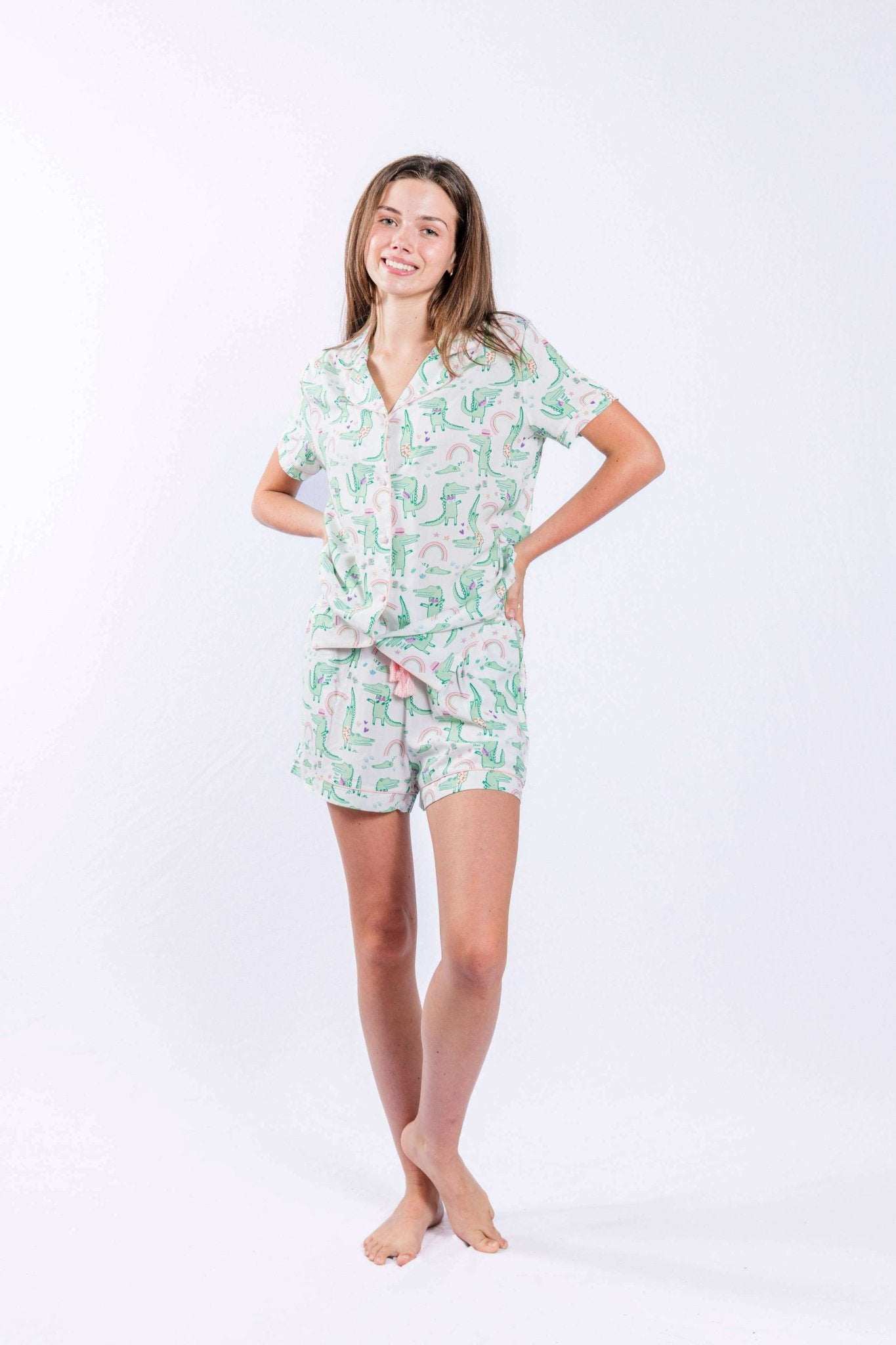 Alligator Adventure button down short set with playful print and contrast piping.