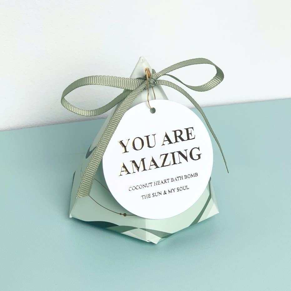 Heart Shaped Coconut Bath Bomb in Pyramid Packaging with Ribbon