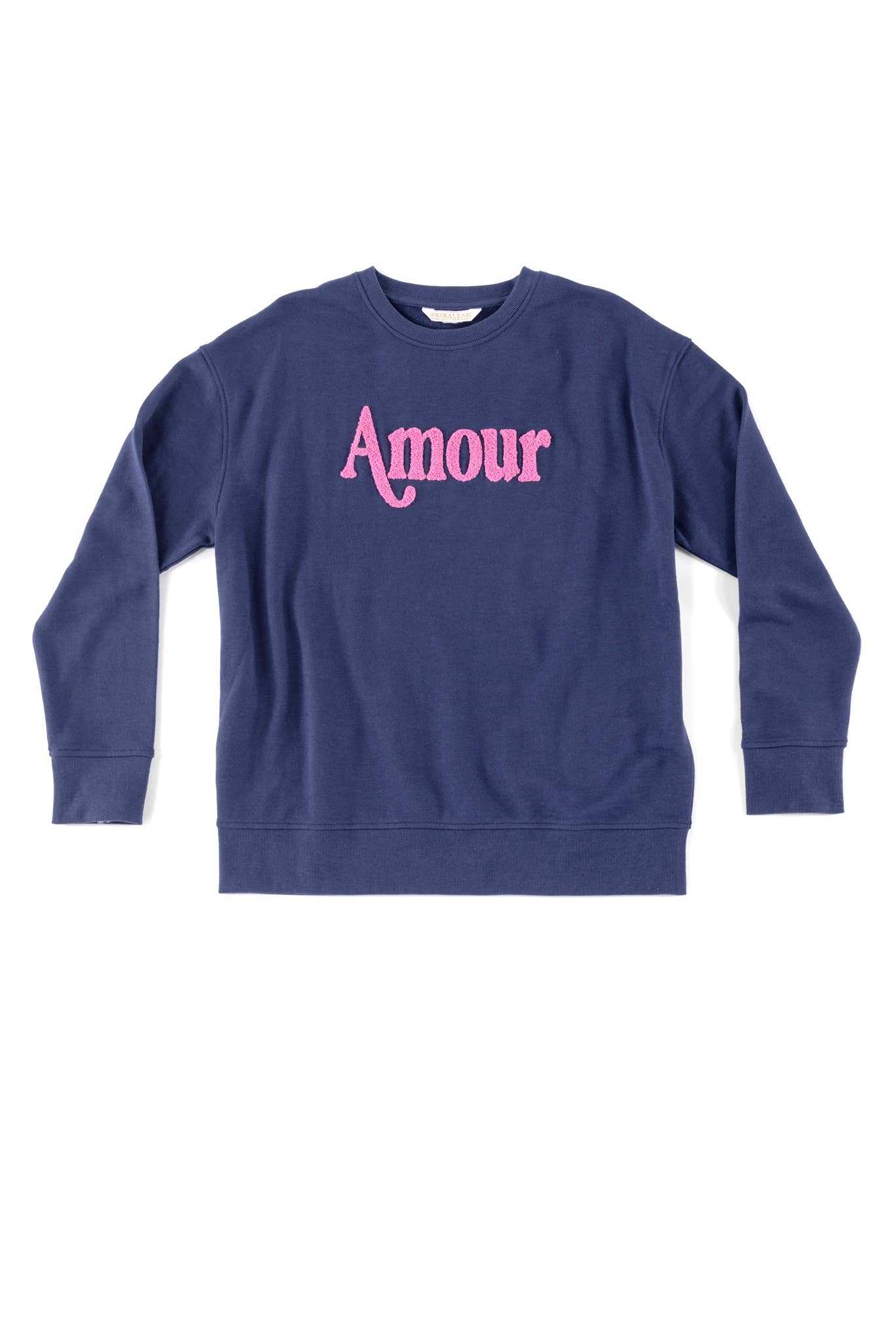 AMOUR SWEATSHIRTS, navy, cotton blend, pink embroidery.