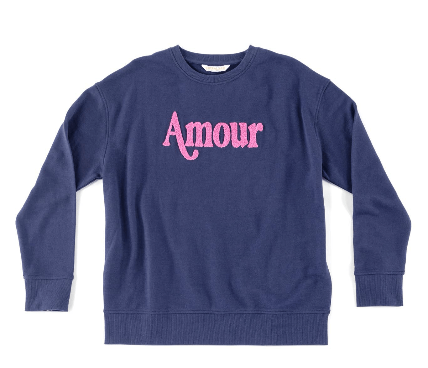 Navy Amour sweatshirt with pink embroidery, cotton blend, Shiraleah.