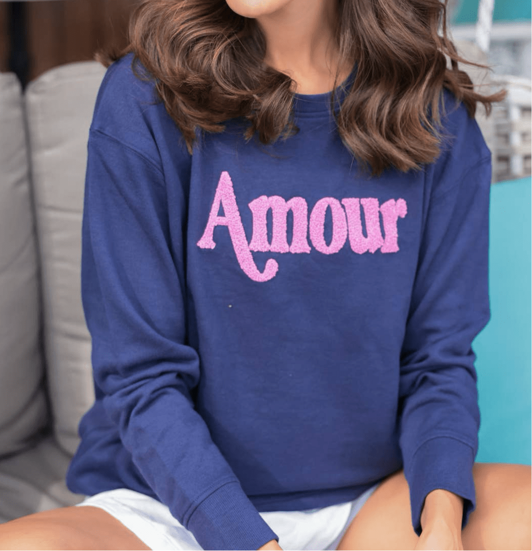 Navy Amour Sweatshirt with Pink Embroidery