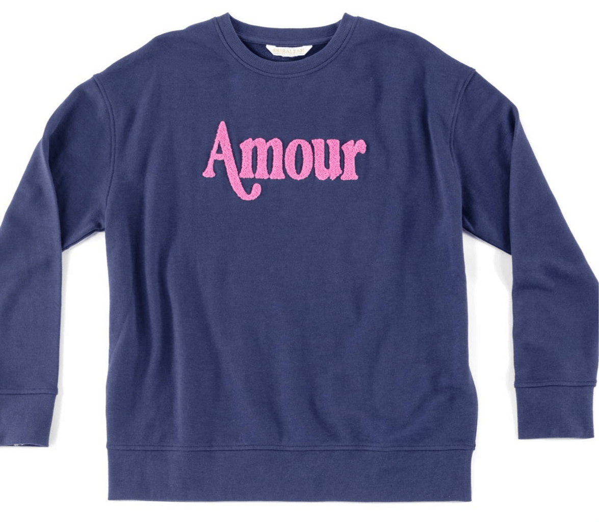 Navy "Amour" sweatshirt with pink embroidery, cotton blend.