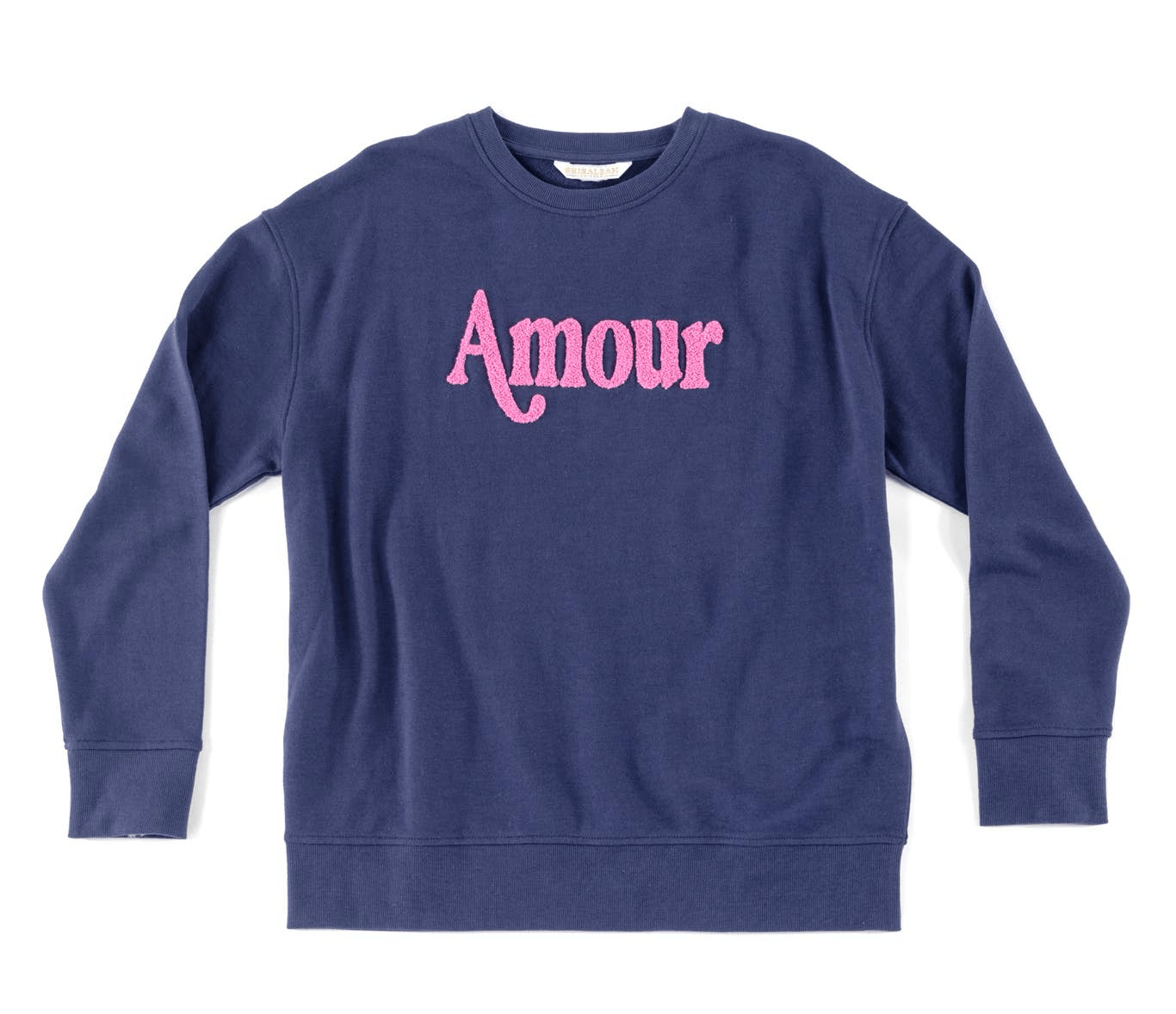 AMOUR SWEATSHIRTS, navy with pink embroidery, lightweight cotton blend