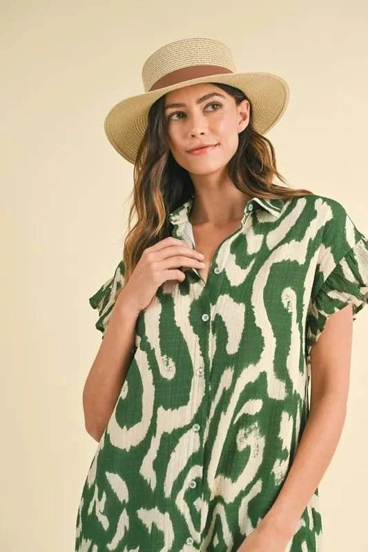 Annie Wear Abstract Printed Frill Sleeve Shirt Mini Dress - Jennie Dots