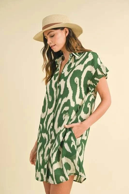 Annie Wear Abstract Printed Frill Sleeve Shirt Mini Dress - Jennie Dots