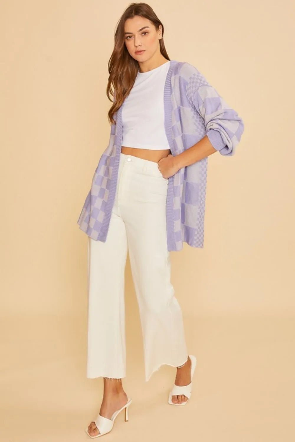 Annie Wear Checkered Open Front Drop Shoulder Cardigan - Jennie Dots