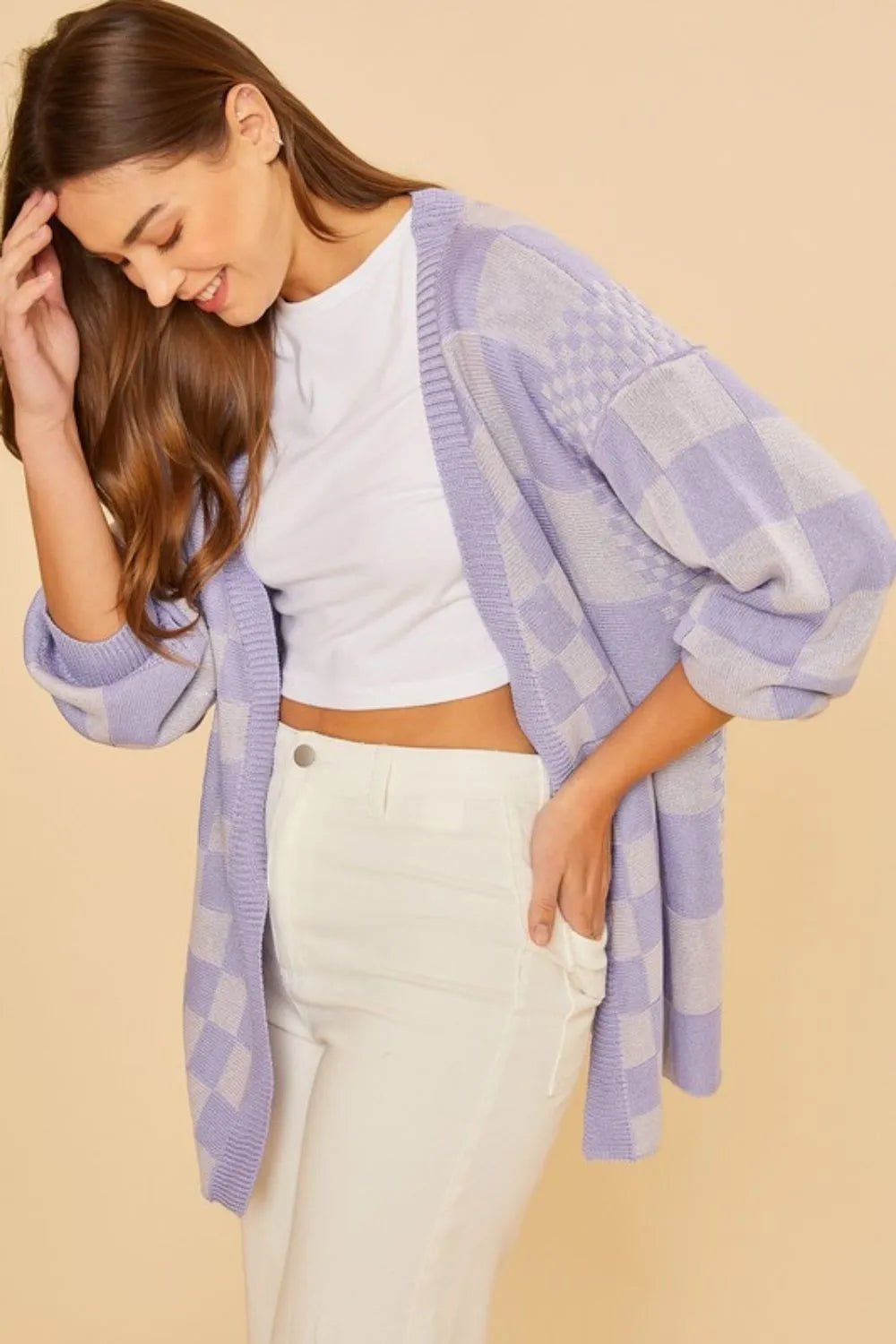 Annie Wear Checkered Open Front Drop Shoulder Cardigan - Jennie Dots