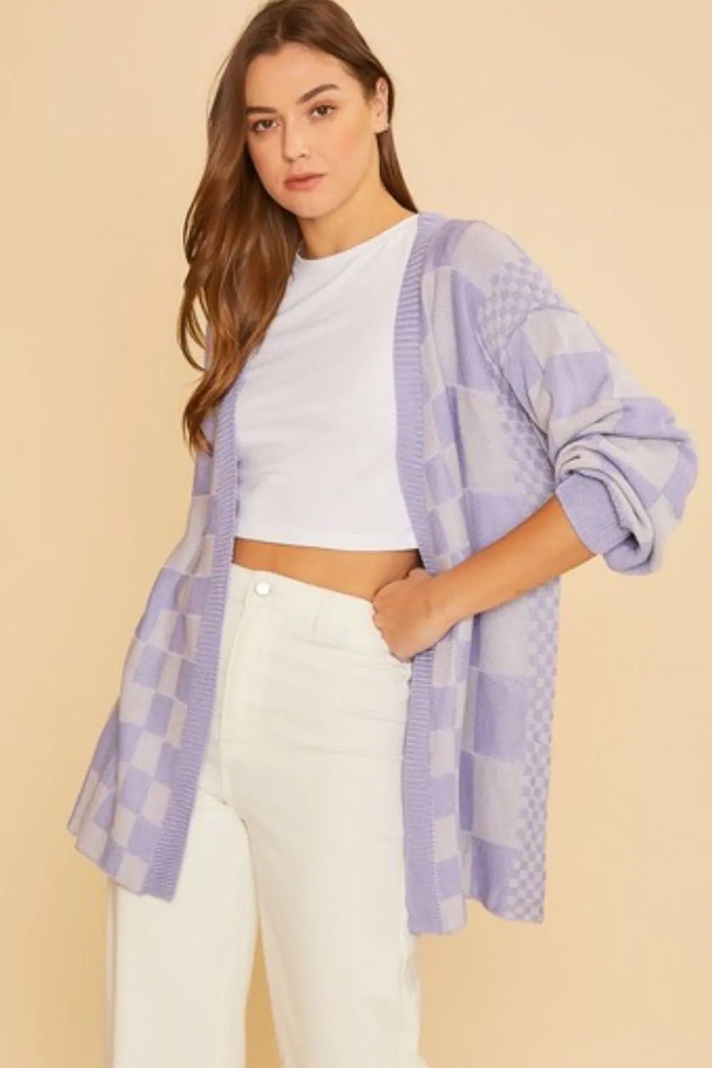 Annie Wear Checkered Open Front Drop Shoulder Cardigan - Jennie Dots