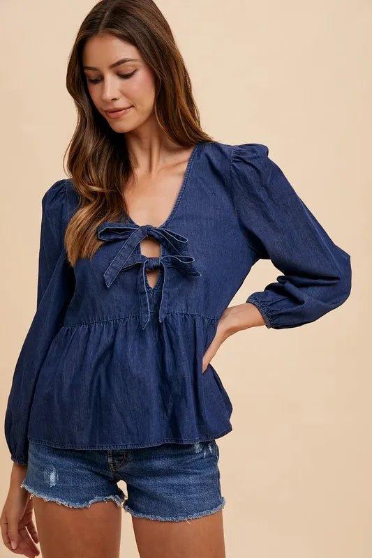 Annie Wear Tie Front Peplum Long Sleeve Denim Top - Jennie Dots