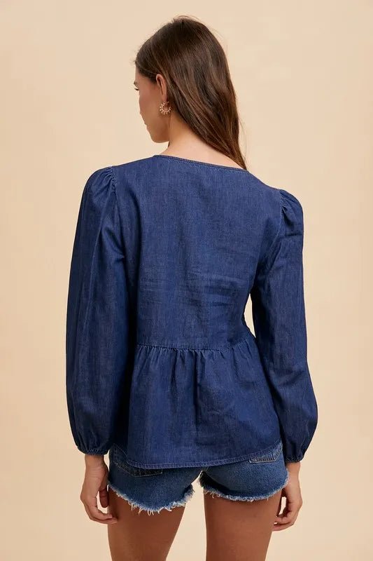 Annie Wear Tie Front Peplum Long Sleeve Denim Top - Jennie Dots
