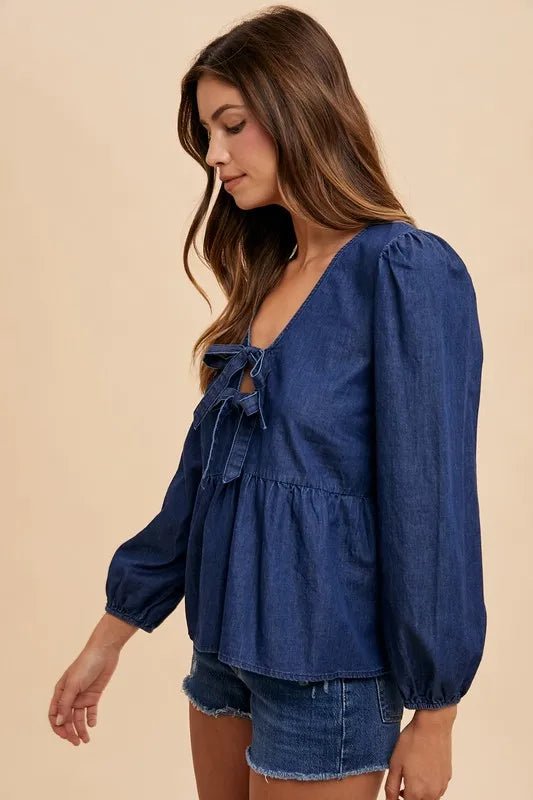 Annie Wear Tie Front Peplum Long Sleeve Denim Top - Jennie Dots