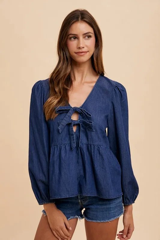 Annie Wear Tie Front Peplum Long Sleeve Denim Top - Jennie Dots