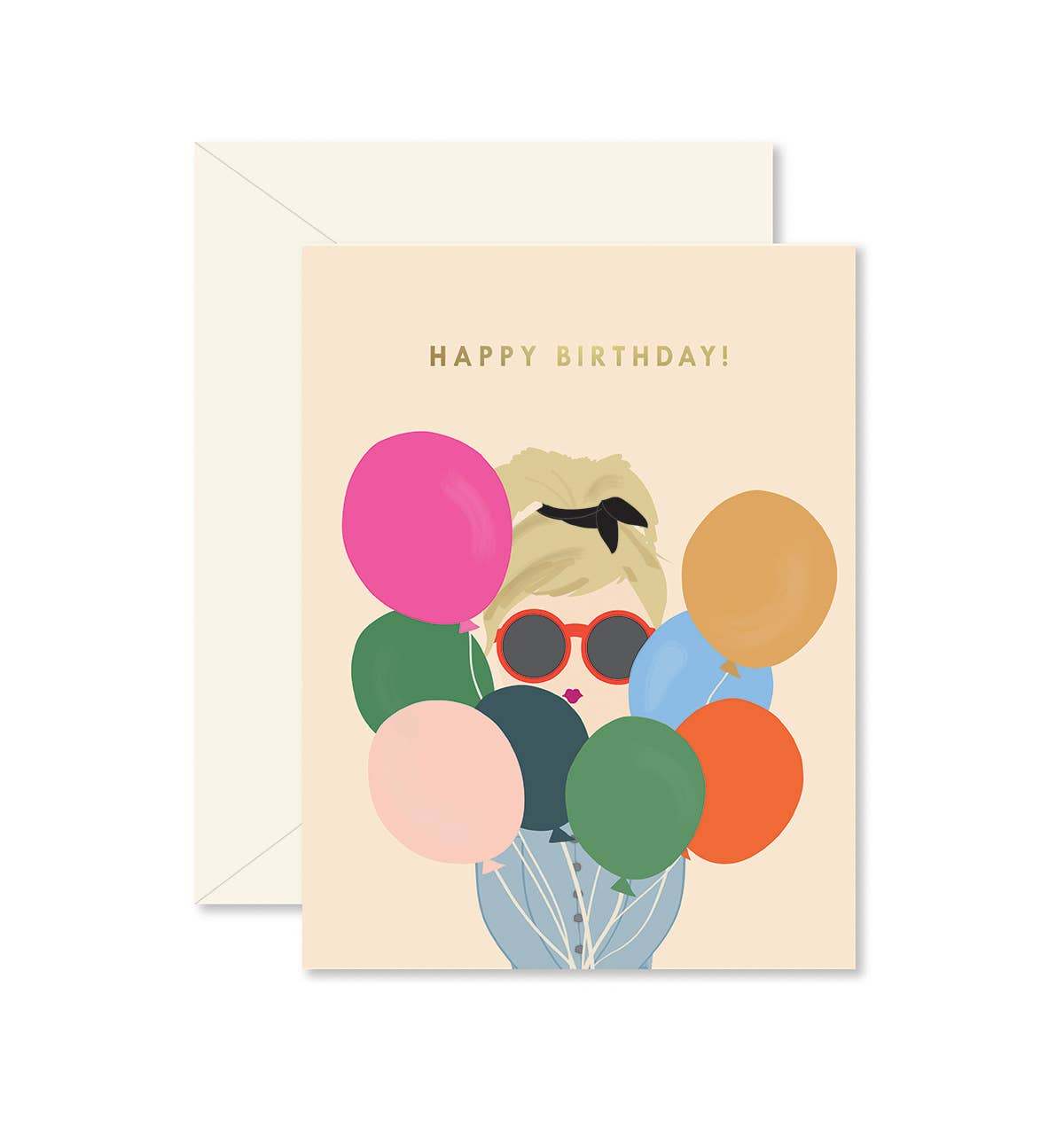 Balloon Lady Birthday Greeting Card with colorful balloons and gold foil, blank interior.