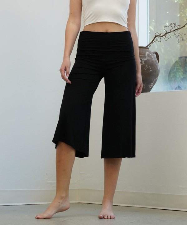 Bamboo Gaucho pants with wide leg and banded waist in black, made from organic bamboo spandex.