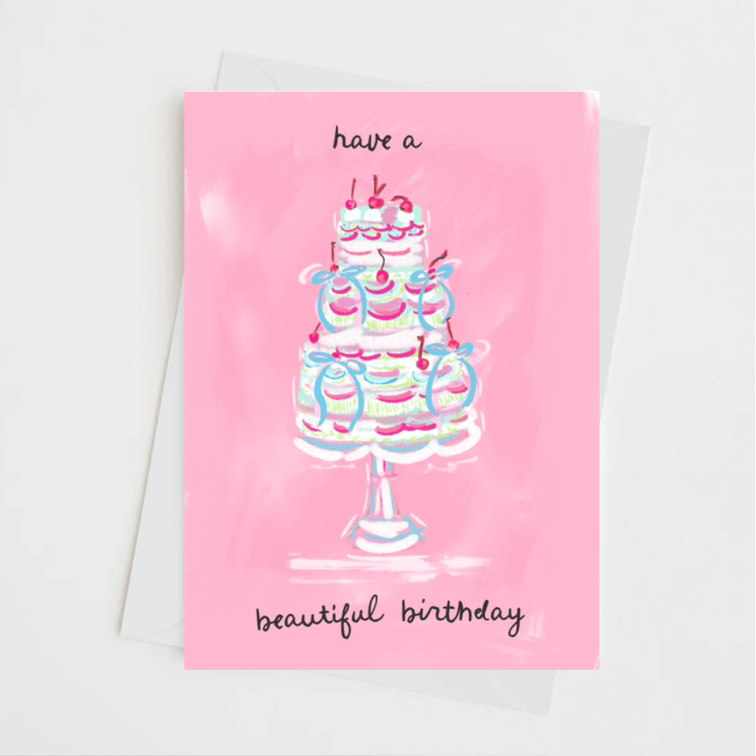 BEAUTIFUL BIRTHDAY note card with illustrated cake design and blank interior.