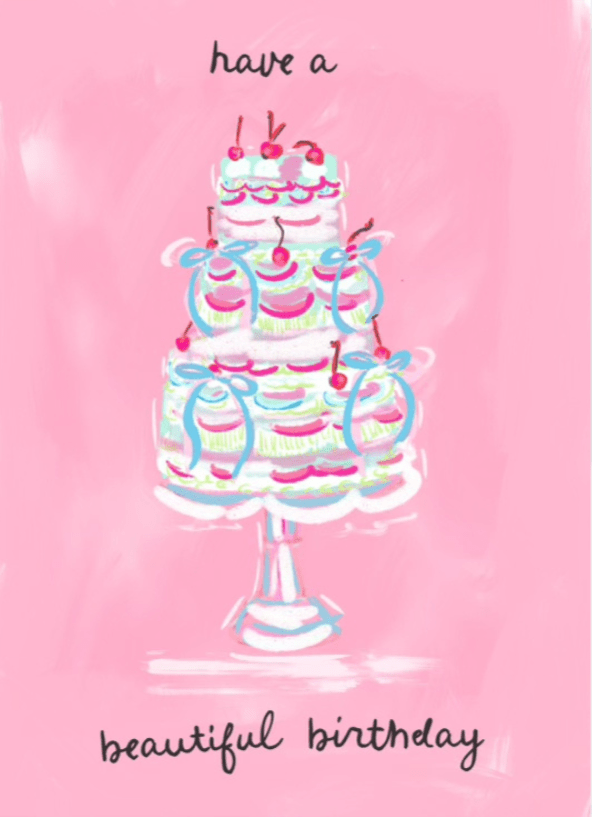 Beautiful birthday note card with illustrated cake design on pink background.