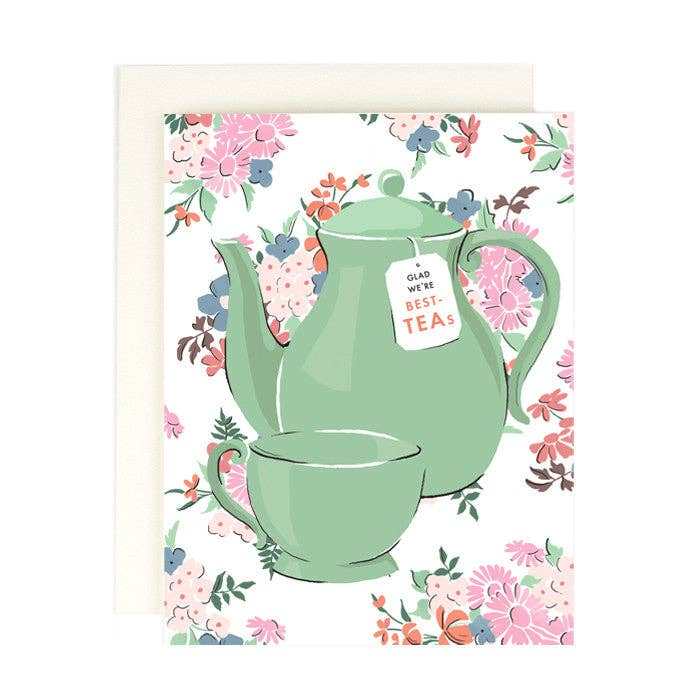 Best-TEAs card with floral design, featuring a teapot and cup, 4.25 x 5.5 inches, includes envelope.