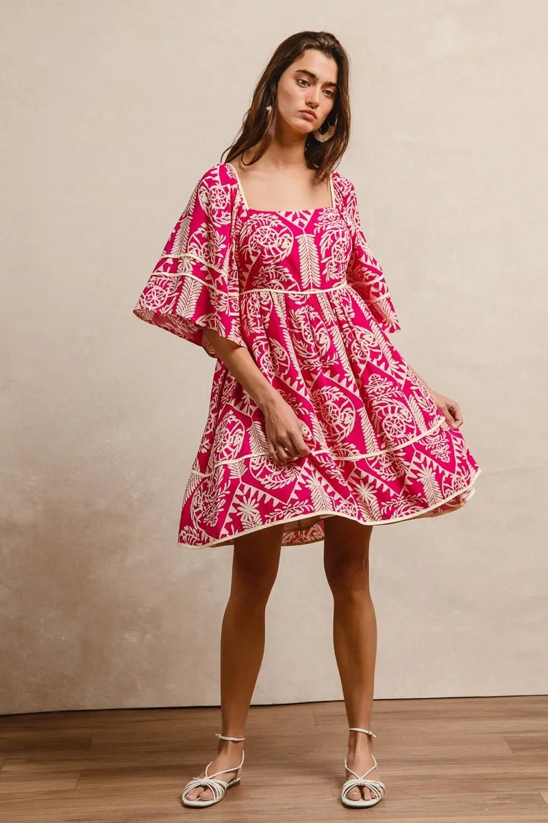 BiBi Aztec Woven Printed Contrast Binding Dress - Jennie Dots