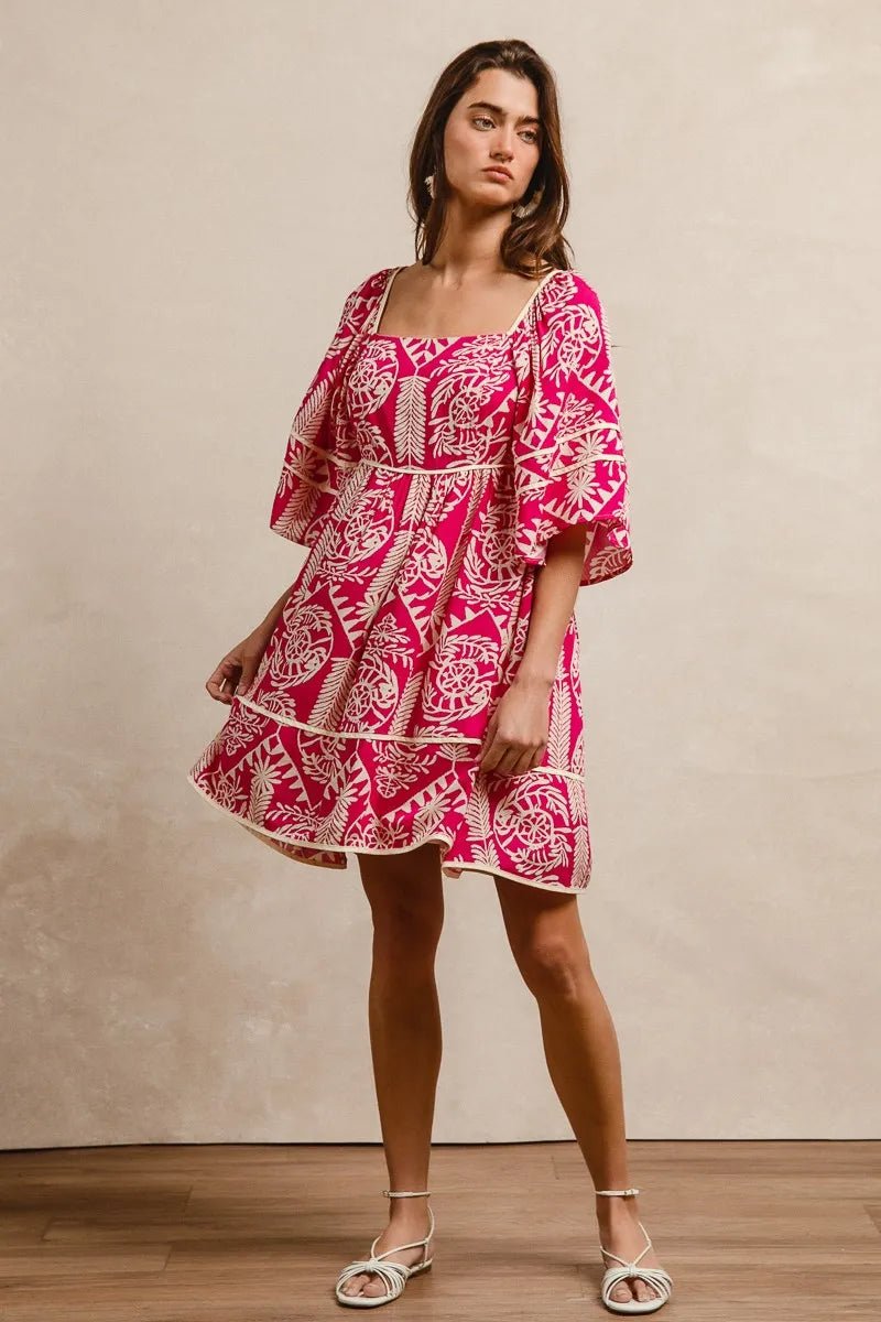 BiBi Aztec Woven Printed Contrast Binding Dress - Jennie Dots