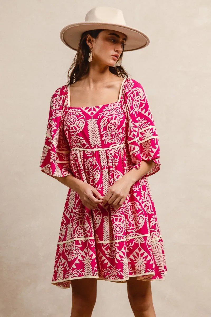 BiBi Aztec Woven Printed Contrast Binding Dress - Jennie Dots