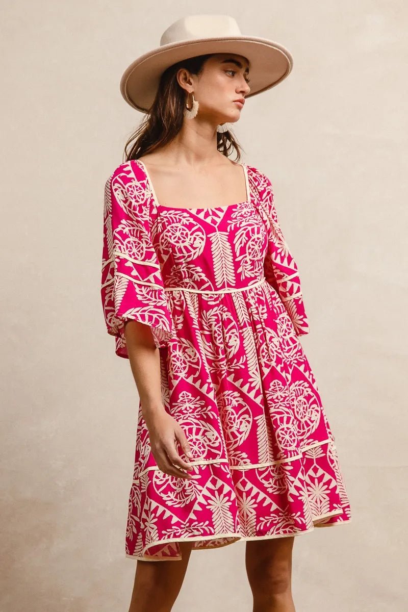 BiBi Aztec Woven Printed Contrast Binding Dress - Jennie Dots