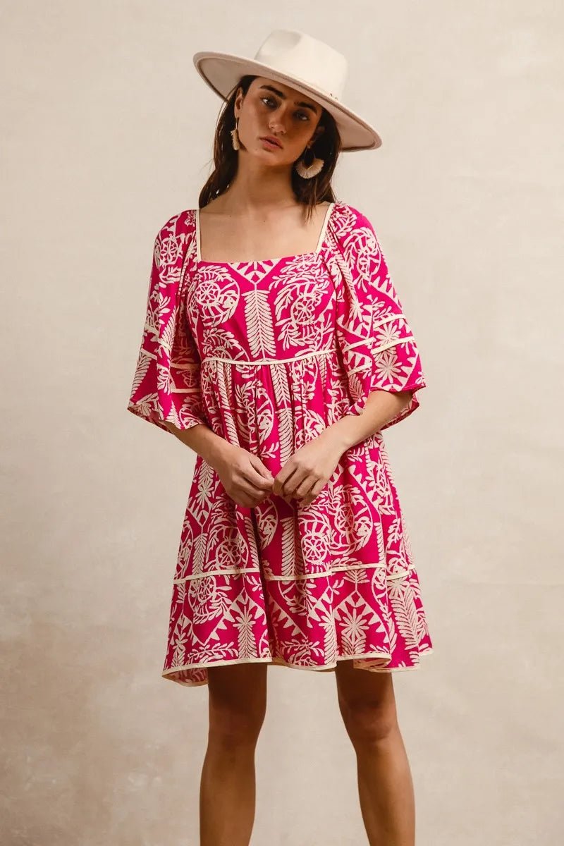 BiBi Aztec Woven Printed Contrast Binding Dress - Jennie Dots