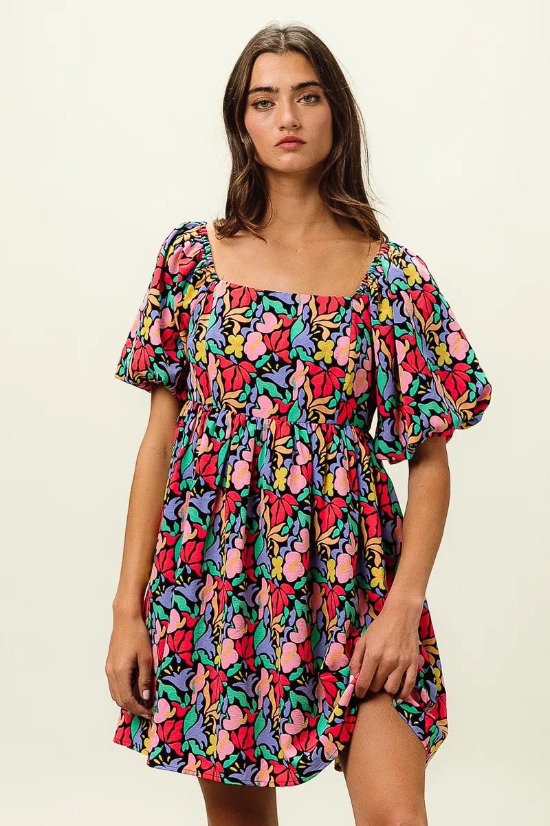 BiBi Floral Print Puff Square Neck Dress - Jennie Dots