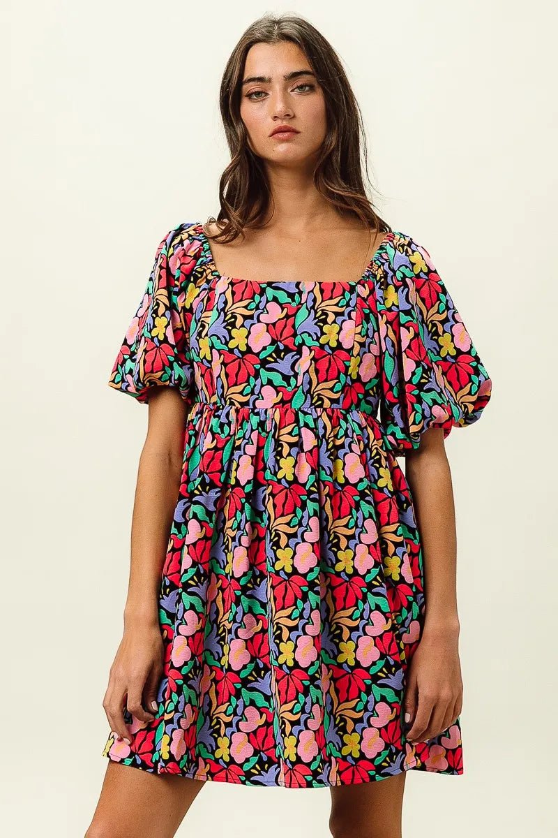 BiBi Floral Print Puff Square Neck Dress - Jennie Dots