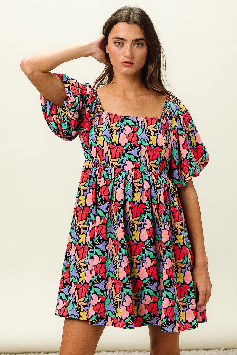 BiBi Floral Print Puff Square Neck Dress - Jennie Dots