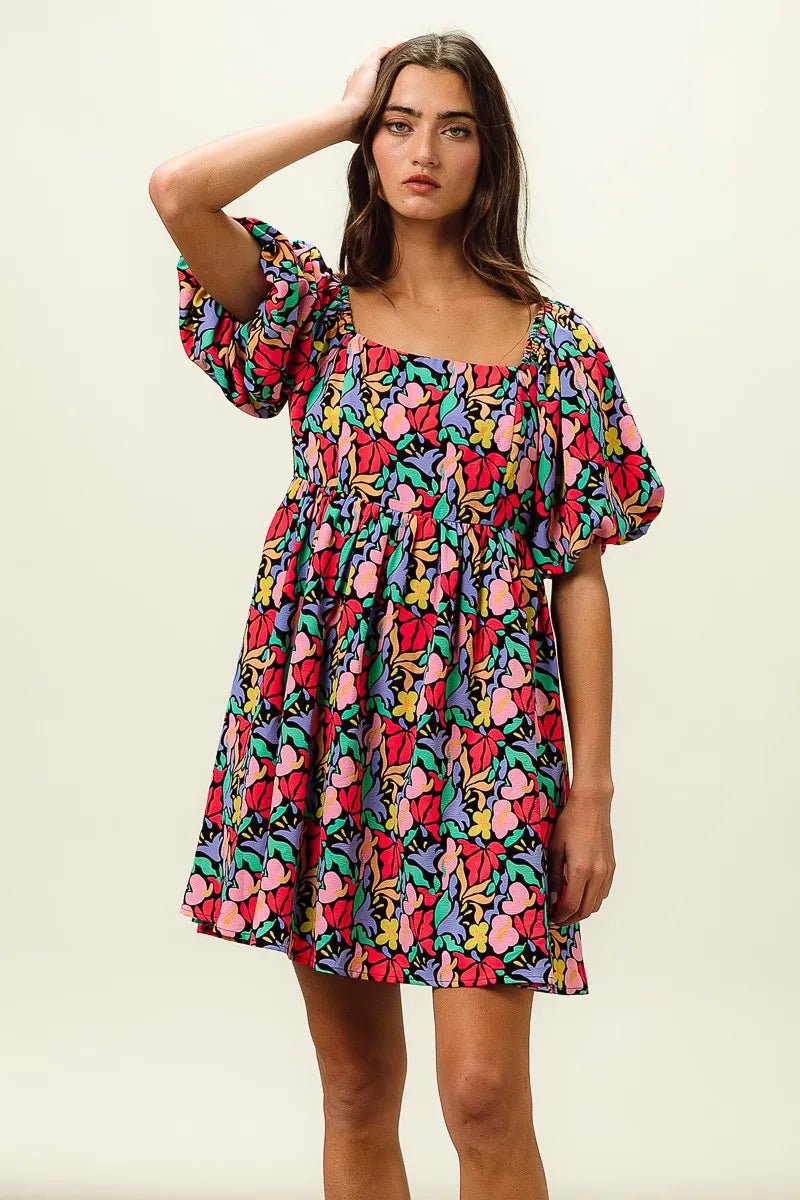 BiBi Floral Print Puff Square Neck Dress - Jennie Dots