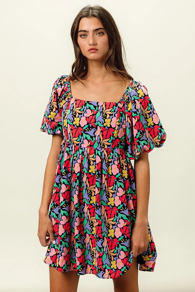 BiBi Floral Print Puff Square Neck Dress - Jennie Dots