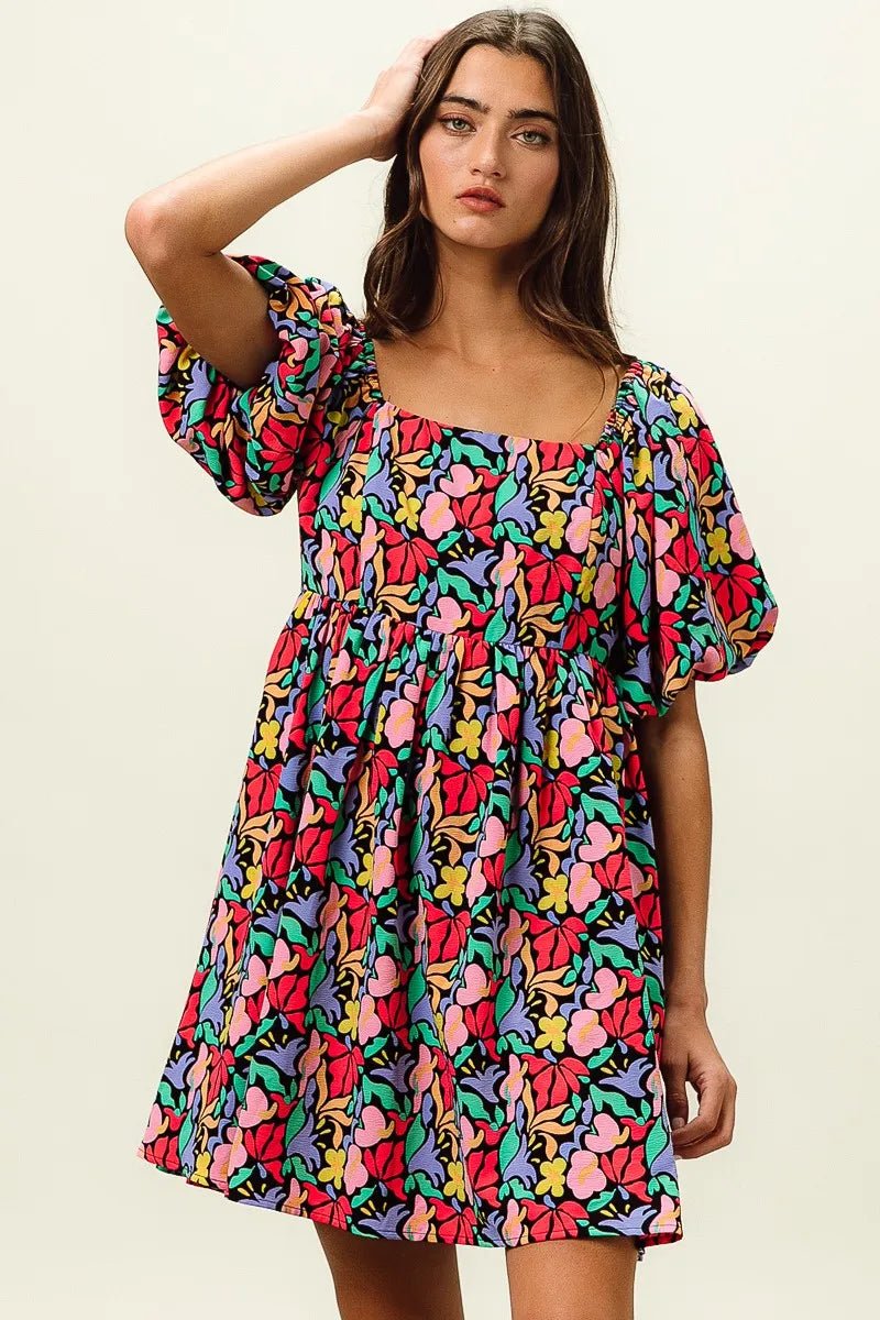 BiBi Floral Print Puff Square Neck Dress - Jennie Dots