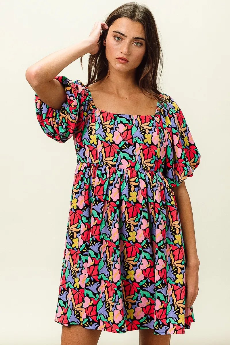 BiBi Floral Print Puff Square Neck Dress - Jennie Dots