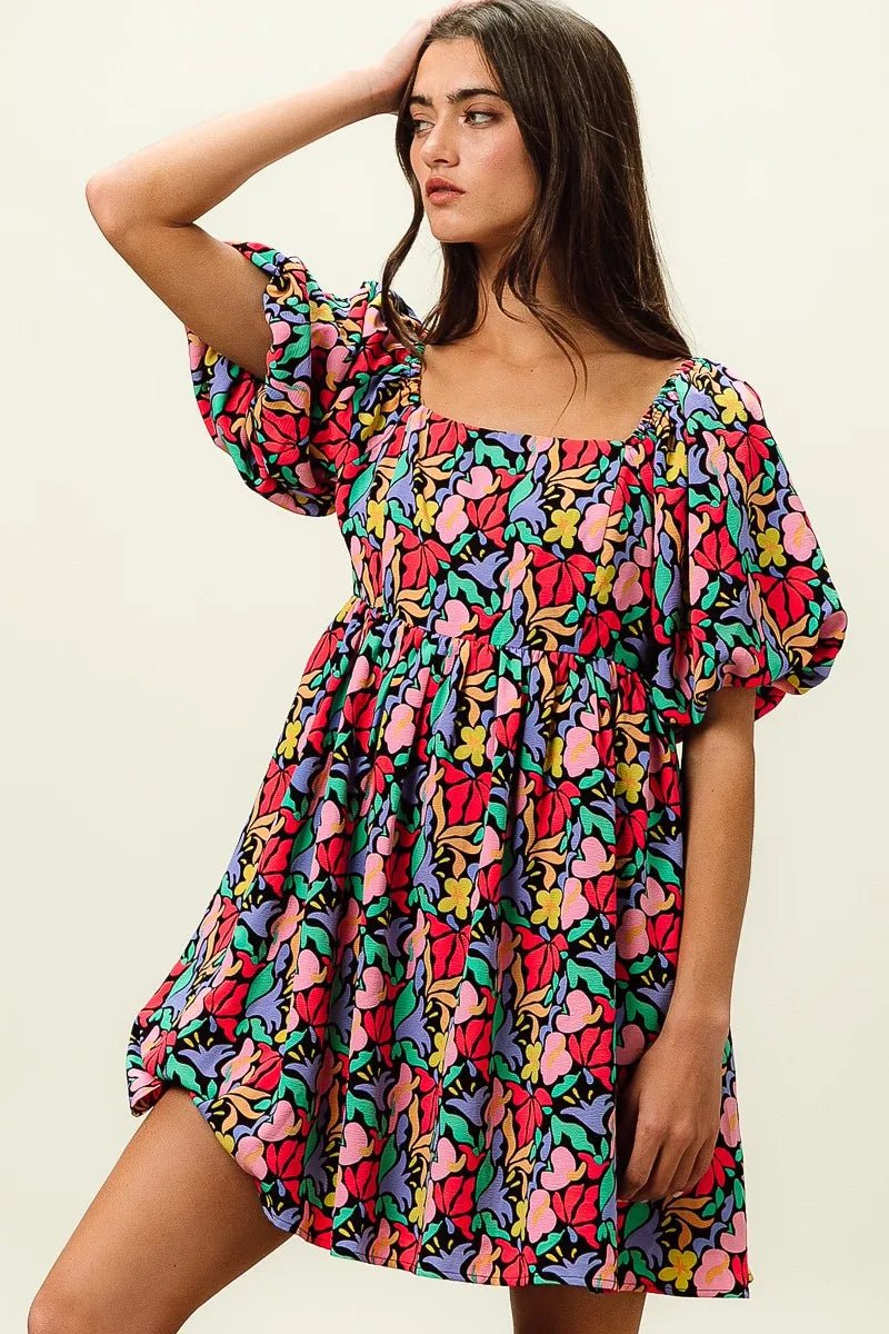 BiBi Floral Print Puff Square Neck Dress - Jennie Dots