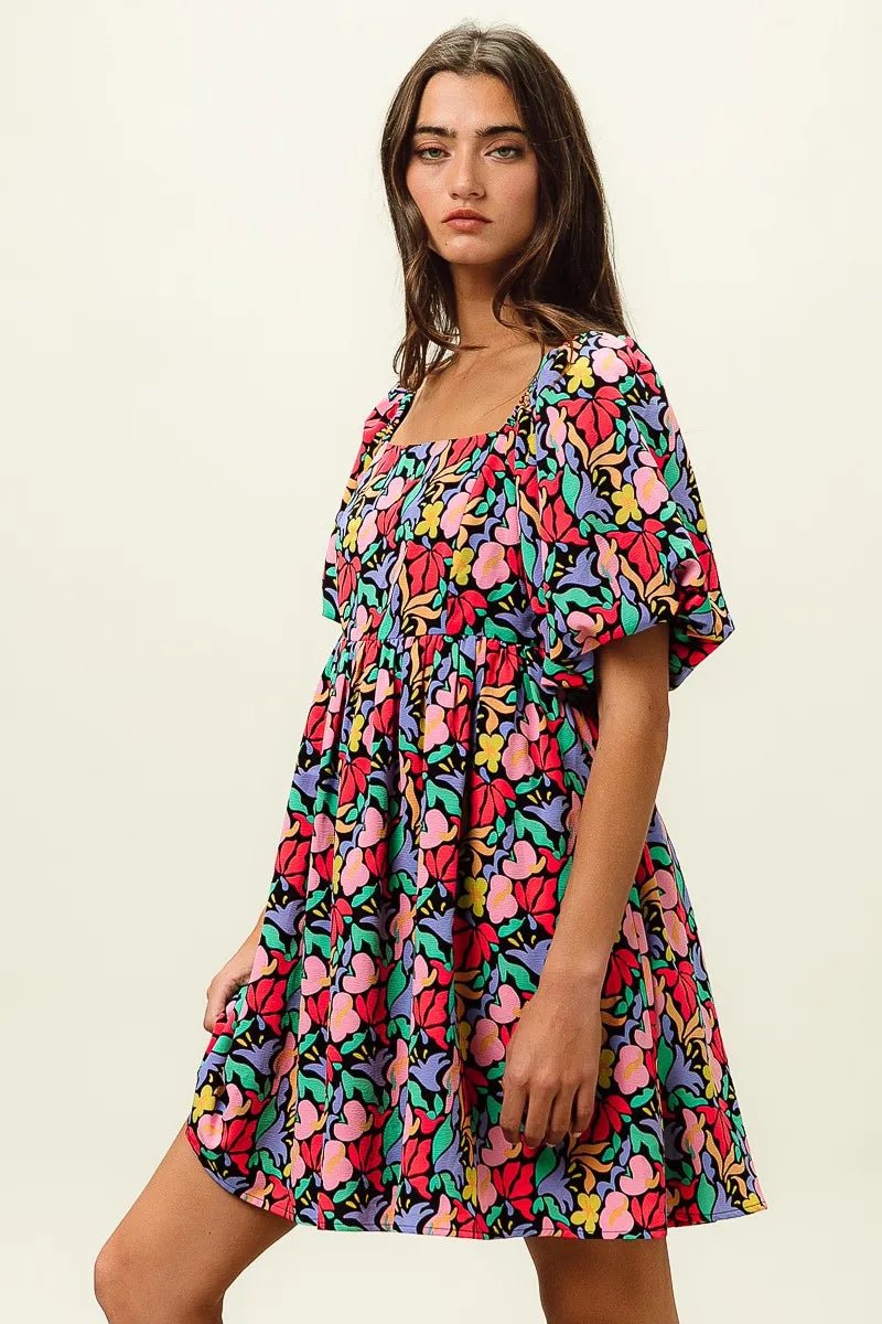BiBi Floral Print Puff Square Neck Dress - Jennie Dots