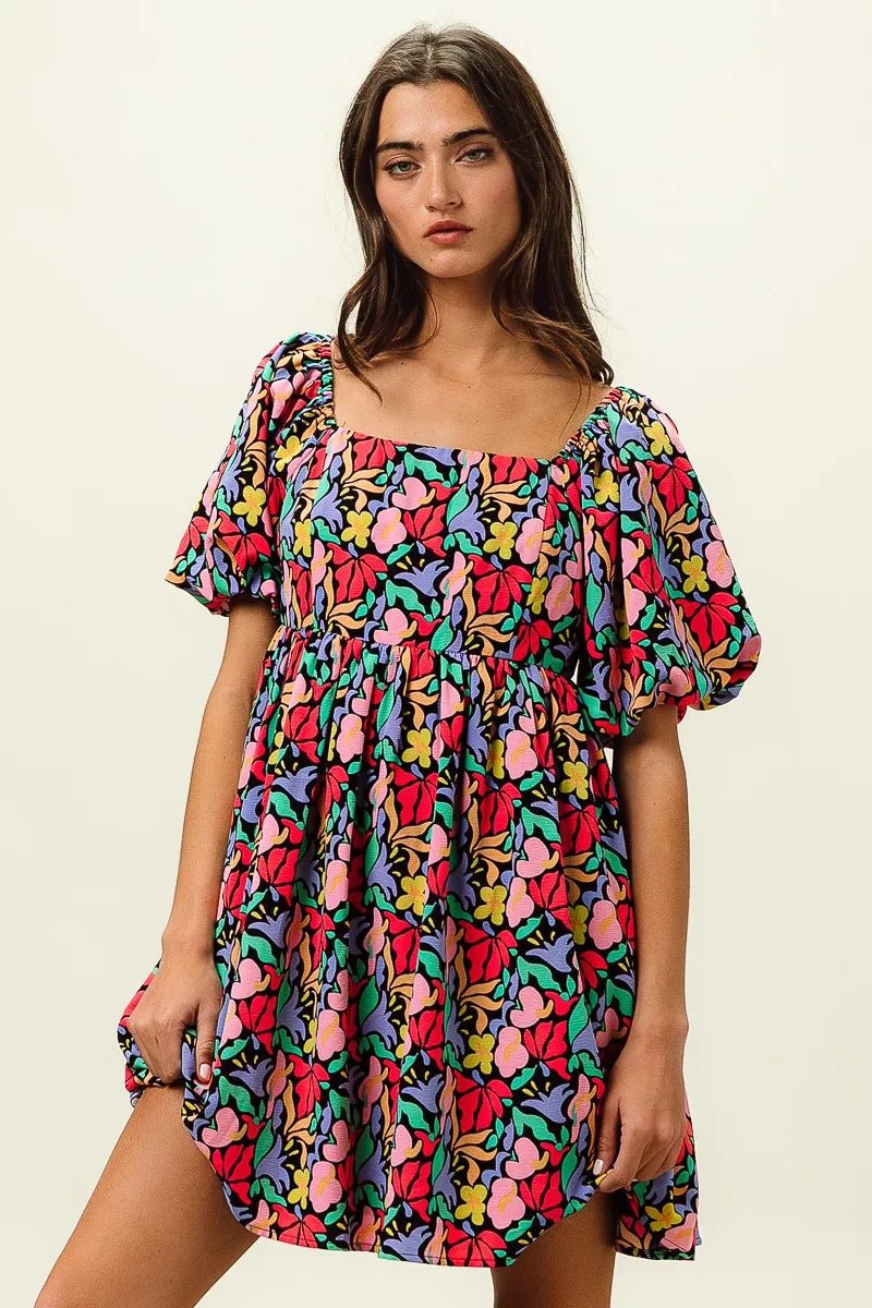 BiBi Floral Print Puff Square Neck Dress - Jennie Dots